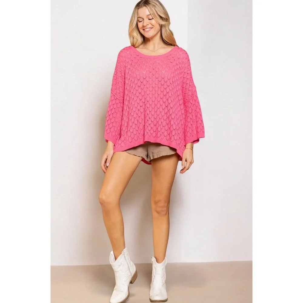 POL Hot Pink Crochet & Rib Knit Oversized Transitional Sweater